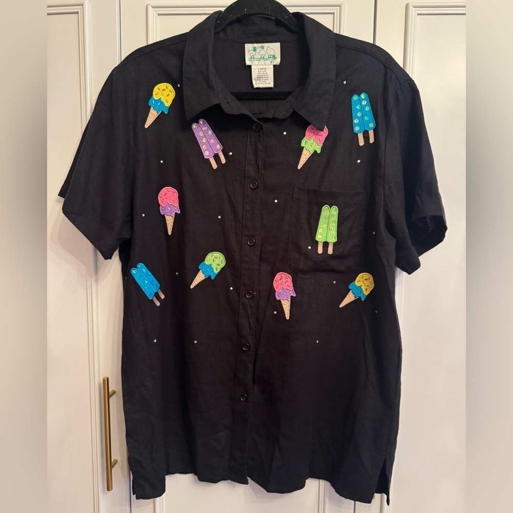 Quacker Factory Black Shirt with Colorful Ice Cream Print Sz L